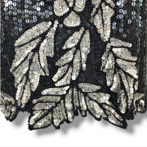 Vintage 80s Jewel Queen 100% Silk Beaded and Sequin Cut Out Hem Evening Top Sz S - Picture 5 of 9